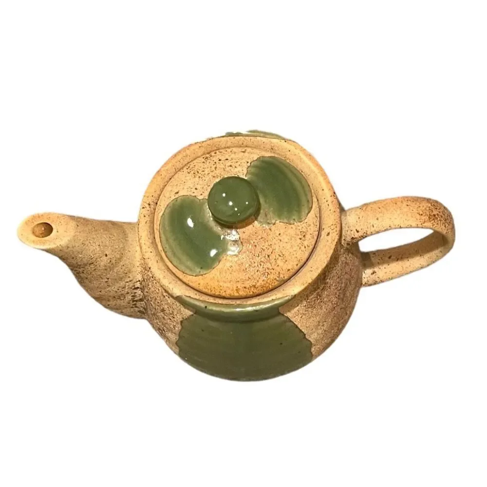 Vintage Handcrafted Pottery Stoneware Speckle Textured Green Glaze Teapot